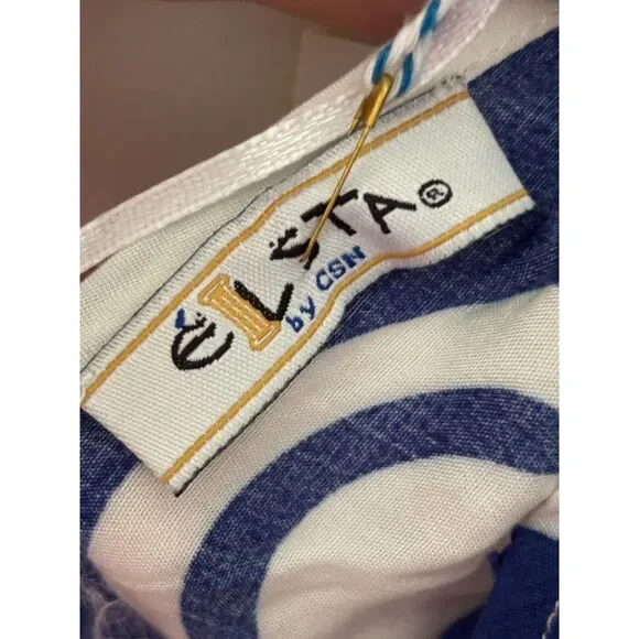 Vintage NWT Blue White Greek Key Sundress Rayon Strappy Midi Dress Small Resort - Picture 2 of 8